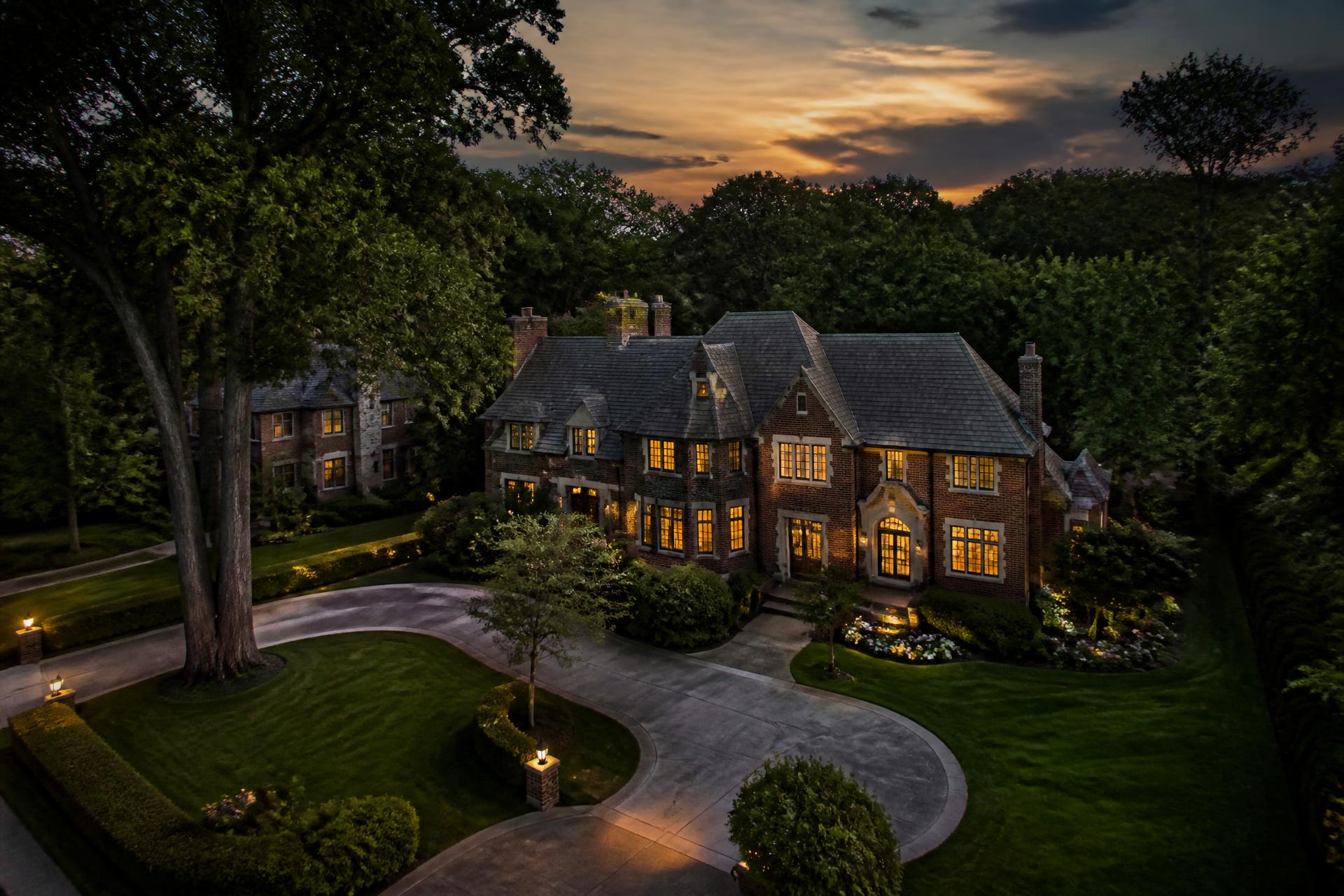 Stately estate home at twilight